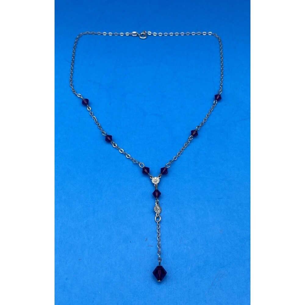 Vintage 925 Italy Sterling Silver Purple Glass Y Drop Necklace 16in 3.8g